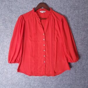 NANETTE LEPORE Red Pintuck Ruffle 3/4 Puff Sleeve V-Neck Blouse Top Medium